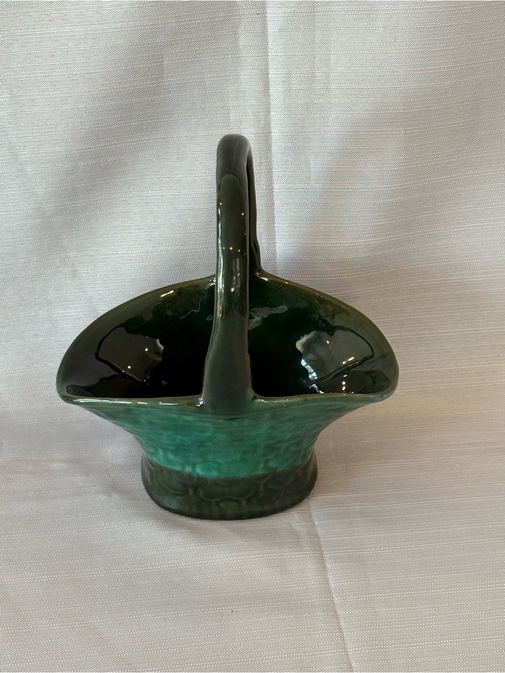 Mid Century Green Ceramic Handled Basket Vase - Decorative Home Art